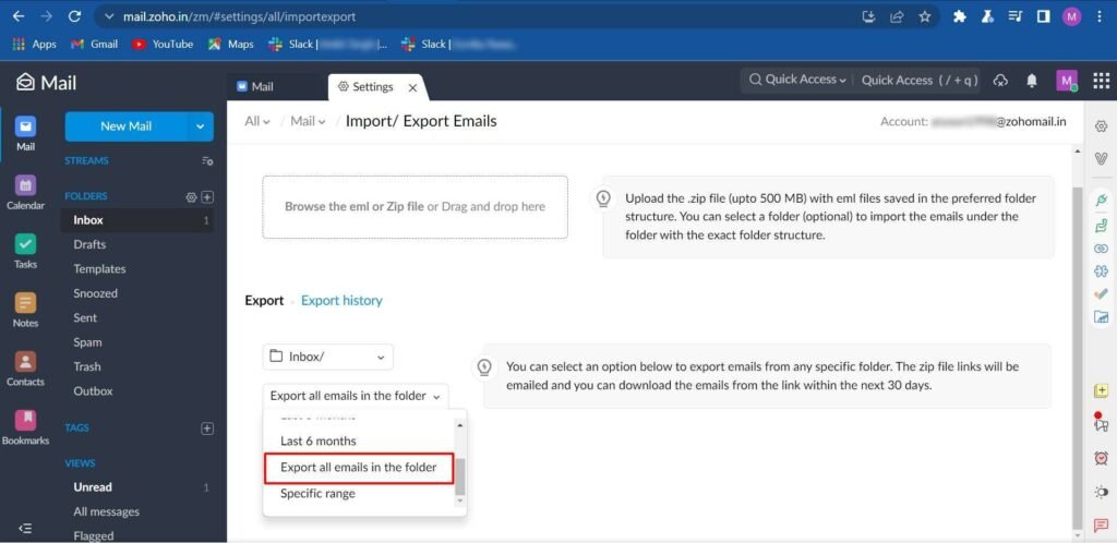 zoho Export all Messages option
